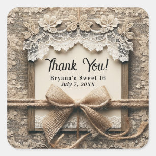 Vintage Blumen-Spitze-Jute-Schleife Süßer 16. Gebu Quadratischer Aufkleber