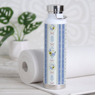 Vintage Blumen-Spitze Soft Blau Rosa Cottagecore Trinkflasche