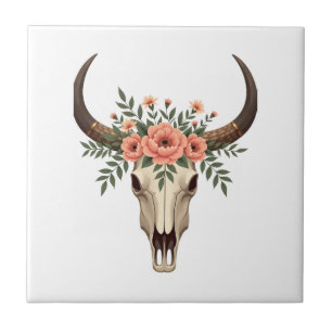 Vintage-Blumen-Stier-Schädel-Boho-Western-Botanik- Fliese