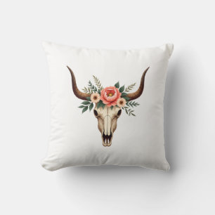 Vintage-Blumen-Stier-Schädel-Boho-Western-Botanik  Kissen