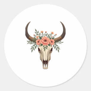 Vintage-Blumen-Stier-Schädel-Boho-Western-Botanik- Runder Aufkleber