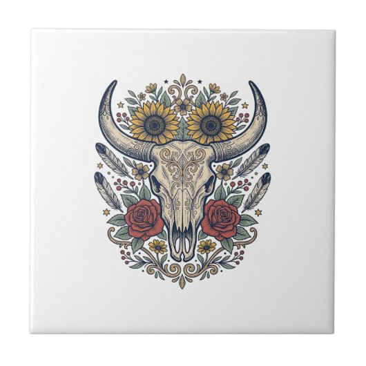 Vintage-Blumen-Stier-Schädel-Western Fliese (Vorderseite)