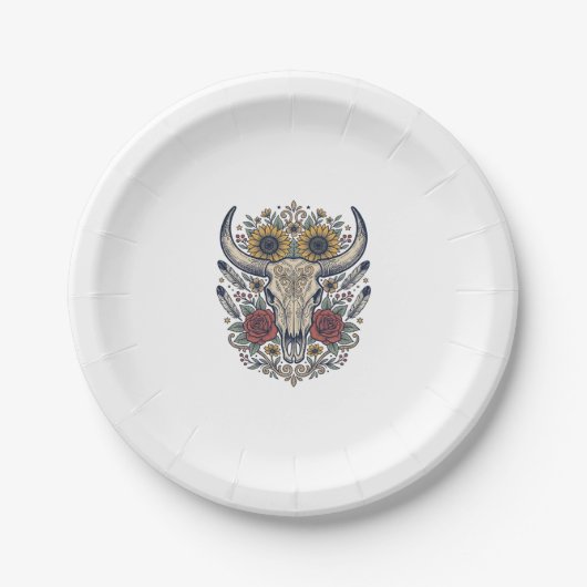 Vintage-Blumen-Stierschädel-Western Pappteller (Vorderseite)