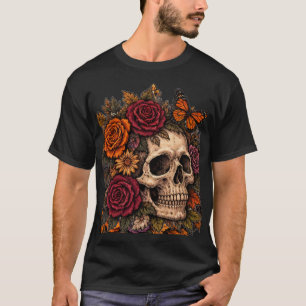 Vintage-Blumen-Totenkopf-Goth-Halloween-Dunkler-Ho T-Shirt