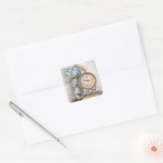 Vintage-Blumen-Uhr-Aufkleber – Cottage-Core-Stil Quadratischer Aufkleber