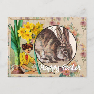 Vintage-Blumen und Hasen-Collage-Osterpostkarte Postkarte