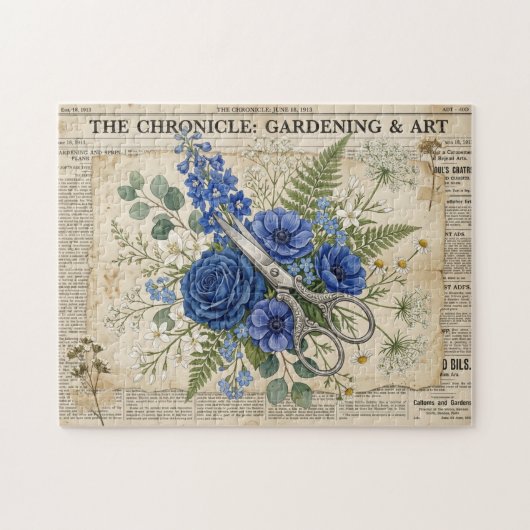 Vintage Blumen- und Silberschere-Kollage Puzzle (Horizontal)