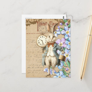 Vintage Blumen und White Rabbit Collage Postkarte