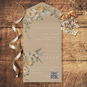 Vintage Blumen-Vogel-Tan-QR-Code All In One Einladung