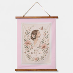 Vintage Blumen Wandteppich mit Mädchen – Waterco Holzrahmen