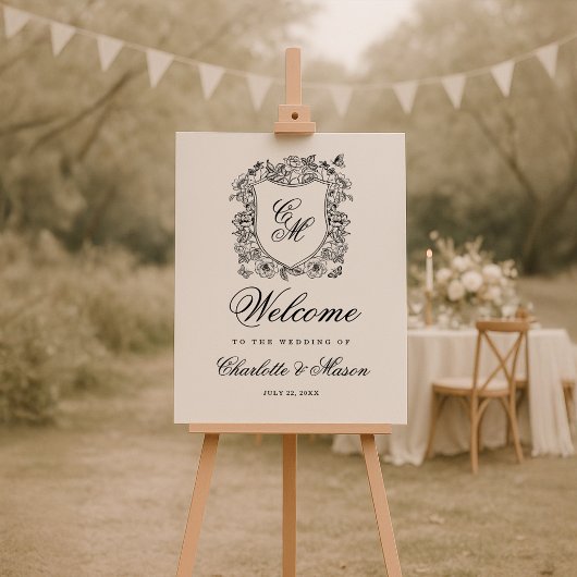 Vintage-Blumen-Wappen-Hochzeits-Monogramm-Willkomm Poster