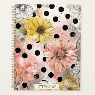 Vintage-Blumen-Wasserfarbe-Polka-Punkt-Kunst (4) Planer