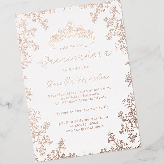 Vintage Blumen Weißrosen Gold Quinceanera Folieneinladung