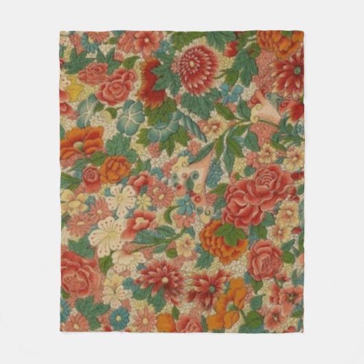 Vintage Blumenantik in Rot, Grün und Gold Fleecedecke (Vorderseite)