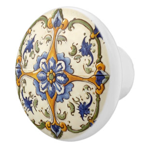 Vintage Blumenblauer Blume auf Weiß Grün & Gelb Keramikknauf