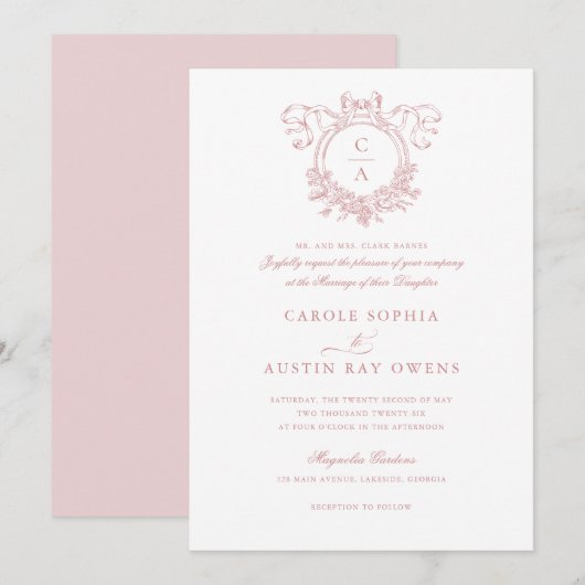 Vintage Blumenblume Wappen Blush Bow Ribbon Hochze Einladung (Vorne/Hinten)