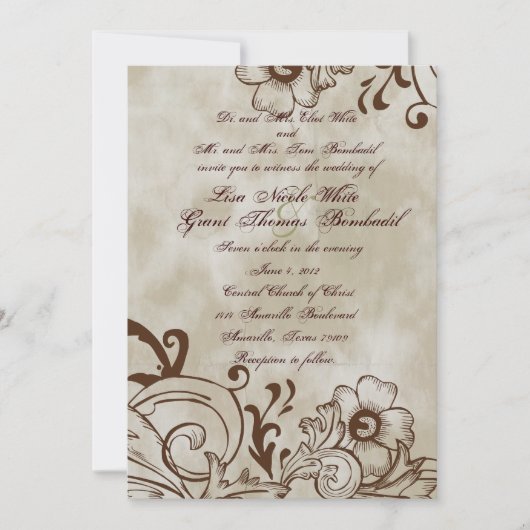 Vintage Blumenbrown-Hochzeits-Einladung Einladung (Vorderseite)