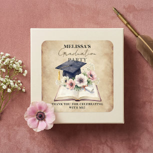 Vintage-Blumenbuch-Abschlussmütze Danke-Mitbringse Quadratischer Aufkleber