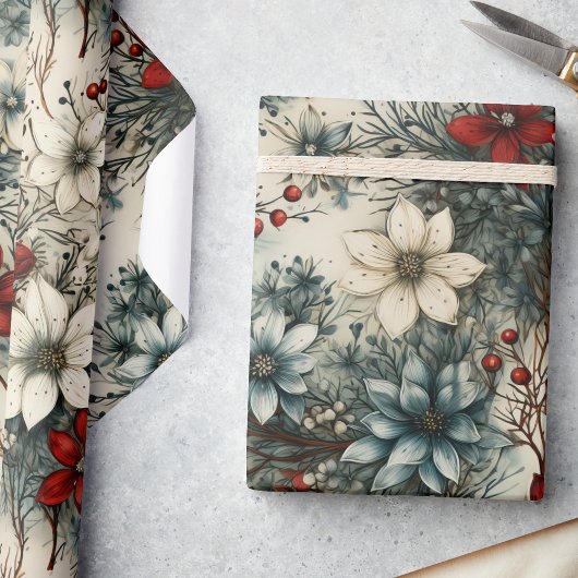 Vintage Blumenfarbe Weihnachten Poinsettia Geschenkpapier