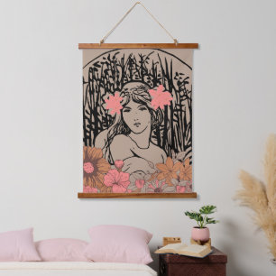 Vintage Blumenfrau Wandteppich Mit Holzrahmen
