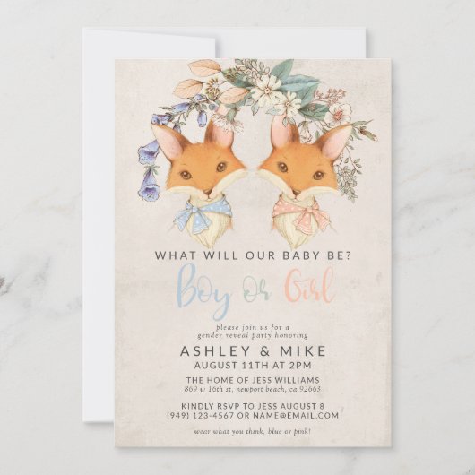 Vintage Blumenfüchse Kindergeschlechtsdusche Einladung (Vorderseite)