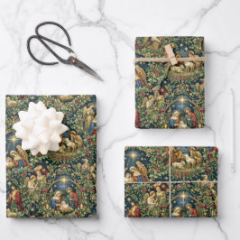 Vintage Blumengeburtsszene auf Mitternachtsblau Geschenkpapier Set