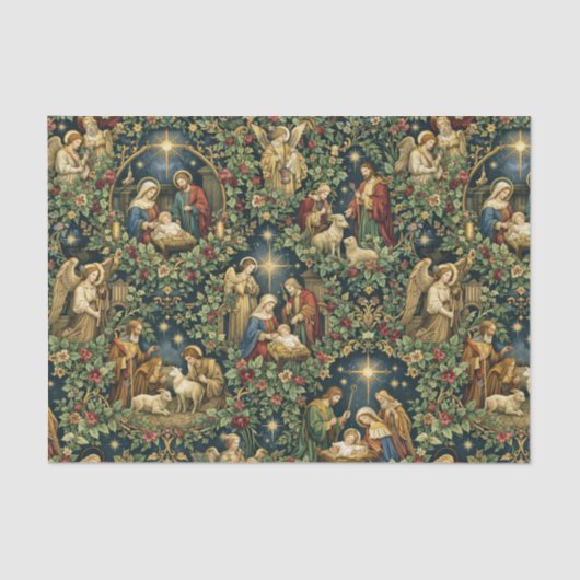 Vintage Blumengeburtsszene auf Mitternachtsblau Seidenpapier (Vorderseite)