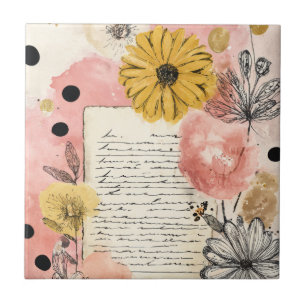 Vintage Blumengemälde im Wassermalerei-Stil mit Sc Fliese