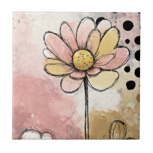 Vintage Blumengemälde mit Wasserfarben und Punkten Fliese