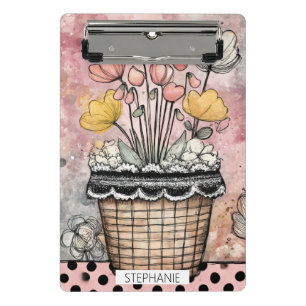 Vintage Blumengemälde mit Wasserfarben und Punkten Mini Klemmbrett