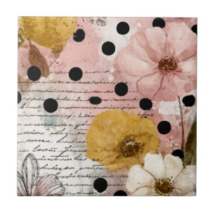 Vintage Blumengemälde mit Wassermalerei und Polka- Fliese