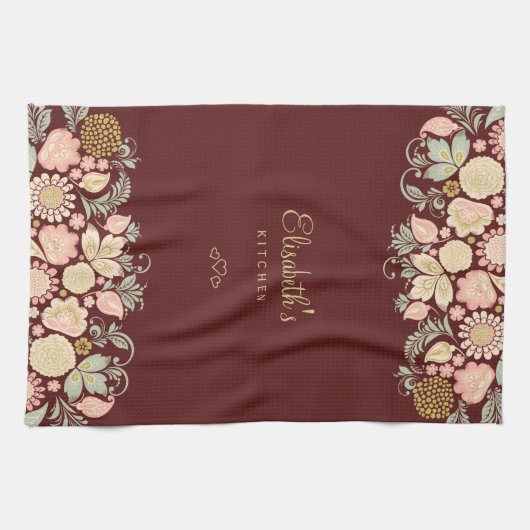 Vintage, blumengeschmückte Bordeaux Geschirrtuch (Horizontal)