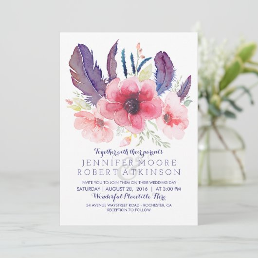 Vintage Blumenhochzeit Boho Einladung (Stehend Vorderseite)