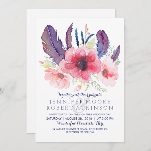 Vintage Blumenhochzeit Boho Einladung (Vorne/Hinten)