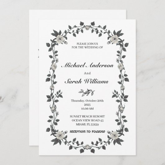 Vintage Blumenhochzeit Einladung Black Vines (Vorne/Hinten)