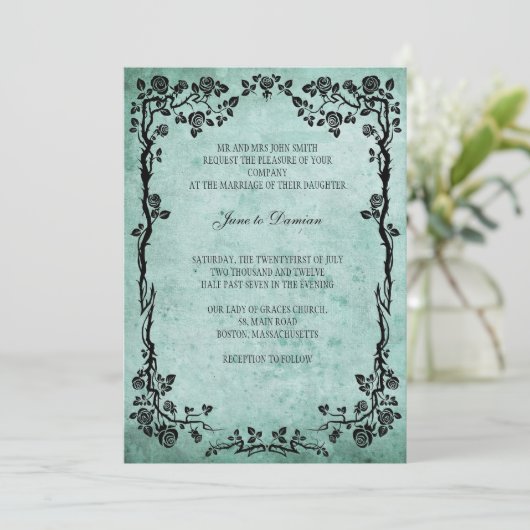 Vintage Blumenhochzeit Einladung in Blue (Stehend Vorderseite)