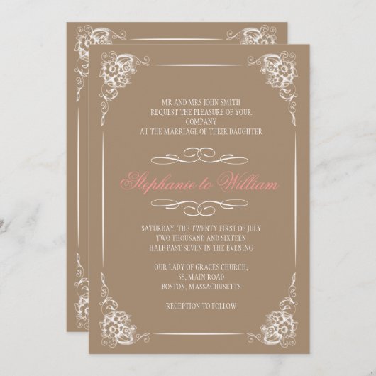 Vintage Blumenhochzeit in Mocha Einladung (Vorne/Hinten)