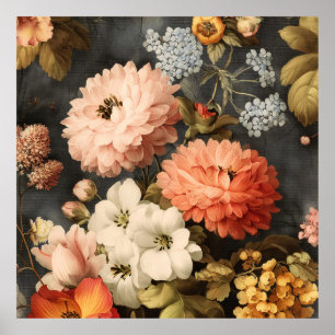 Vintage-Blumenillustration mit gemischten Blüten Poster