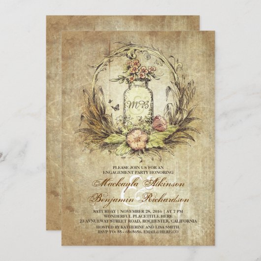 Vintage Blumenjar rustikale Verlobungsfeier Einladung (Vorne/Hinten)
