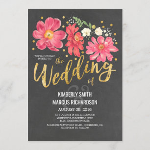 Vintage Blumenkhalkboard- und Goldhochzeit Einladung