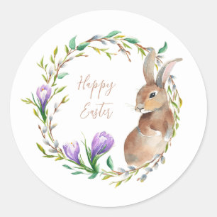 Vintage-Blumenkranz-Osterhase Runder Aufkleber