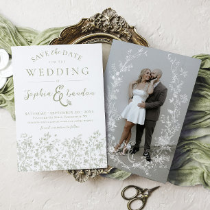 Vintage-Blumenkranz Salbeigrün Foto-Hochzeit Save The Date