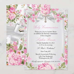Vintage-Blumenkreuz Erste Kommunion Rosa 3 Einladung