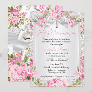 Vintage-Blumenkreuz Erste Kommunion Rosa Einladung
