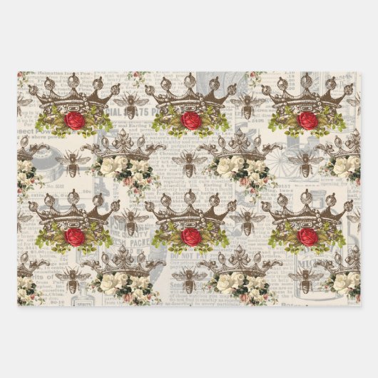 Vintage Blumenkronen mit Bienen Geschenkpapier Set (Vorderseite)