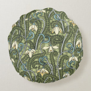 Vintage-Blumenkunst im Jugendstil Schneeglöckchen- Rundes Kissen