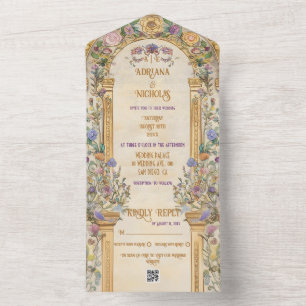 Vintage-Blumenkunst im Jugendstil zur Hochzeit All In One Einladung