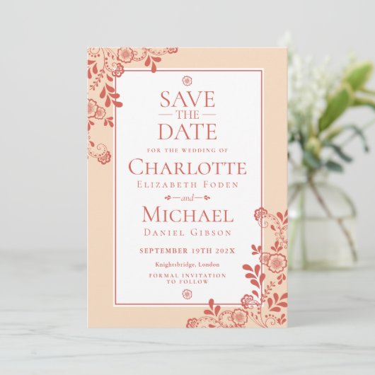 Vintage Blumenlatte Save the Date Einladung (Stehend Vorderseite)
