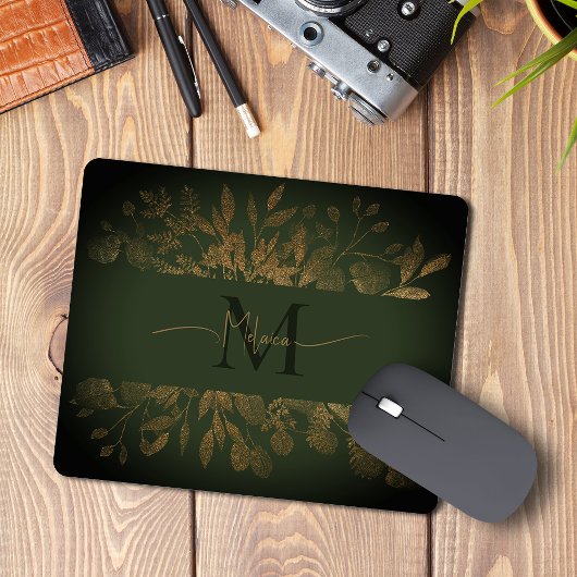 Vintage Blumenmonogramm Girl Green & Gold Glitzer Mousepad