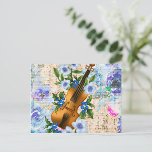 Vintage Blumenmusik Violine Postkarte